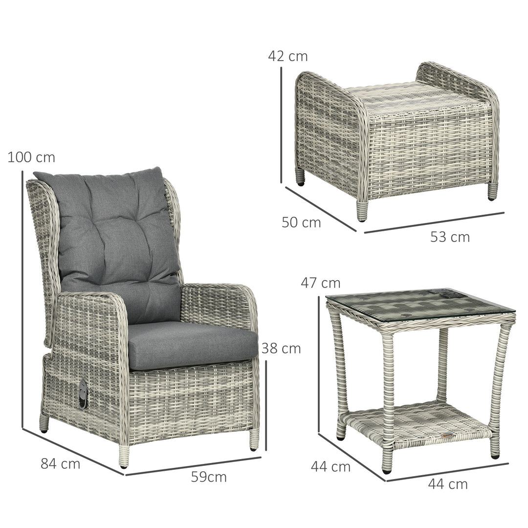 5 Pieces Rattan Bistro Set with Adjustable Back, Reclining Wicker Balcony Furniture with Cushions, Glass Top Coffee Table and Footstools, Outdoor Table and Chairs, Grey