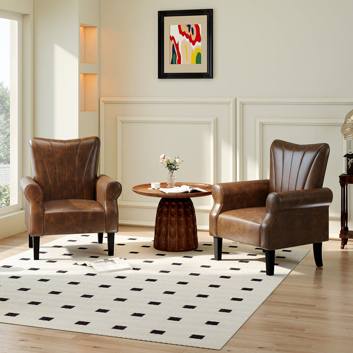 Upholstered Accent Chair with Rolled Arms and Wood Legs, Armchair for Living Room Bedroom, Brown