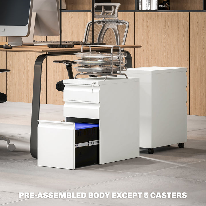 3-Drawer Steel Filing Cabinet with Lock and Wheels - White