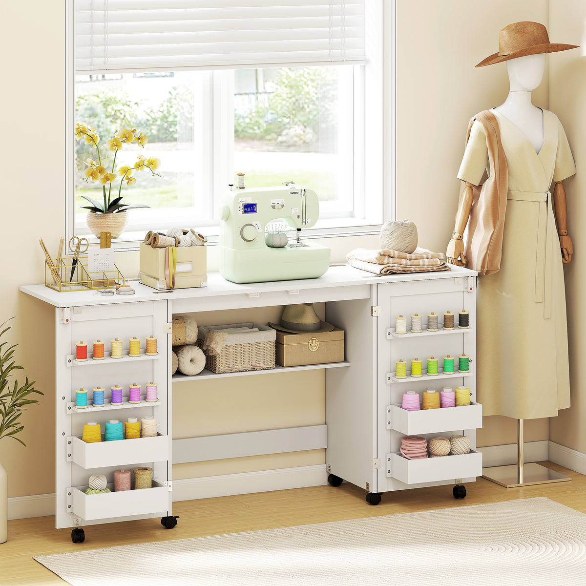 Folding Sewing Table with 2 Magnetic Doors, Storage Shelf, Lockable Wh