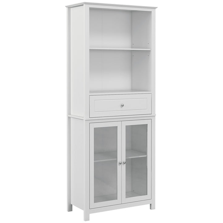 HOMCOM Kitchen Cupboard, Pantry Storage Cabinet w/ Tempered Glass Doors, Drawer, Open Shelf, Adjustable Shelves, 181.5 cm, White