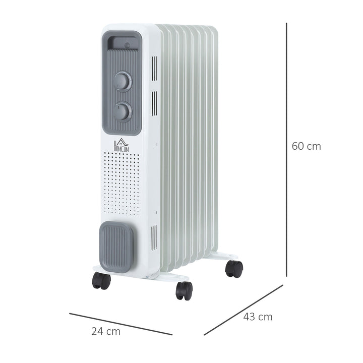 MCL 2000W Oil Filled Radiator, 9 Fin, Portable Electric Heater with 3 Heat Settings, Safety Cut-Off and Wheels, White