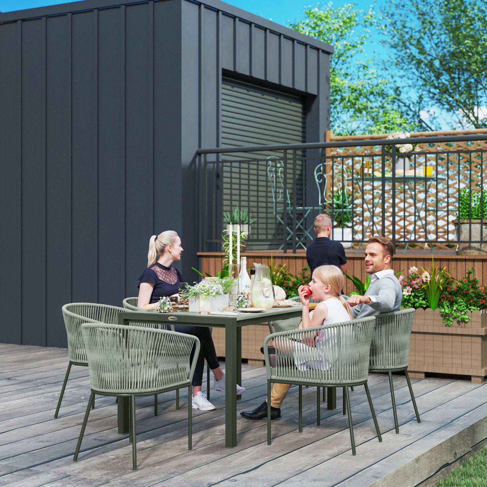 Rattan Dining Set, 6 Seater Rattan Garden Furniture Set with Acacia Wood Top Rectangle Table, 6 Chairs, Washable Seat Cushions, for Outdoor, Patio, Conservatory, Grey