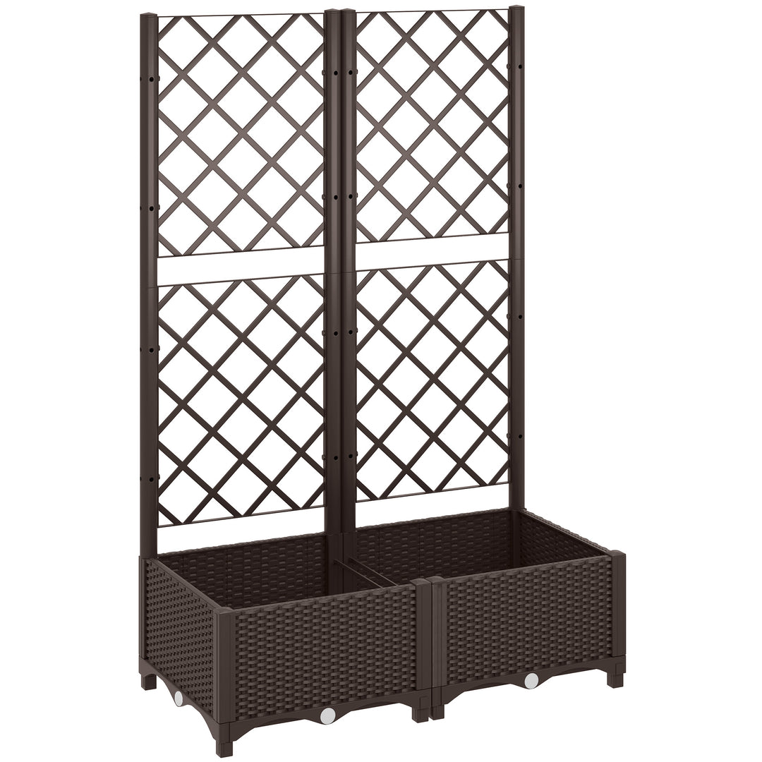 Raised Garden Bed with Trellis, Plastic Planter Box with Drainage Holes, Drain Plugs and Water Reservoirs for Climbing Plants, Vegetables, Flowers, Brown