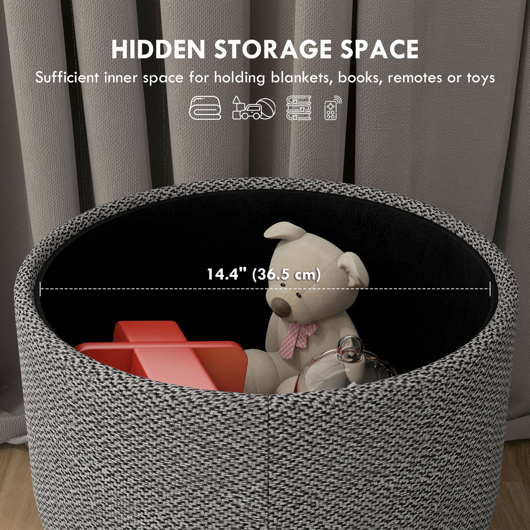 Round Linen-Look Storage Ottoman - Light Grey