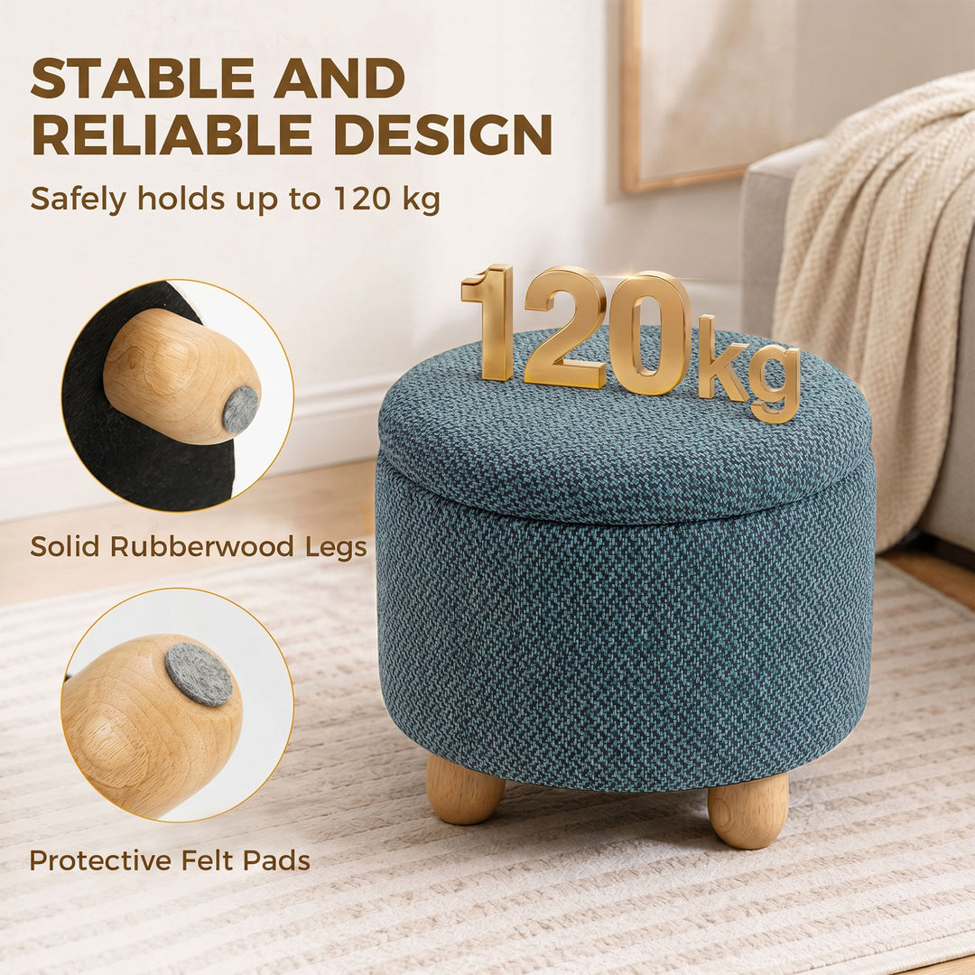 Storage Sitting Bench with Lid, Round Storage Ottoman with Rubberwood 