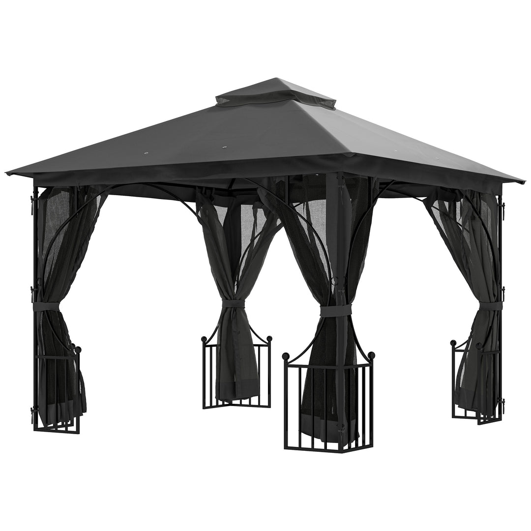 MCL 3 x 3m Garden Gazebo Patio Party Tent Shelter Outdoor Canopy Double Tier Sun Shade with Metal Frame and Netting, Dark Grey