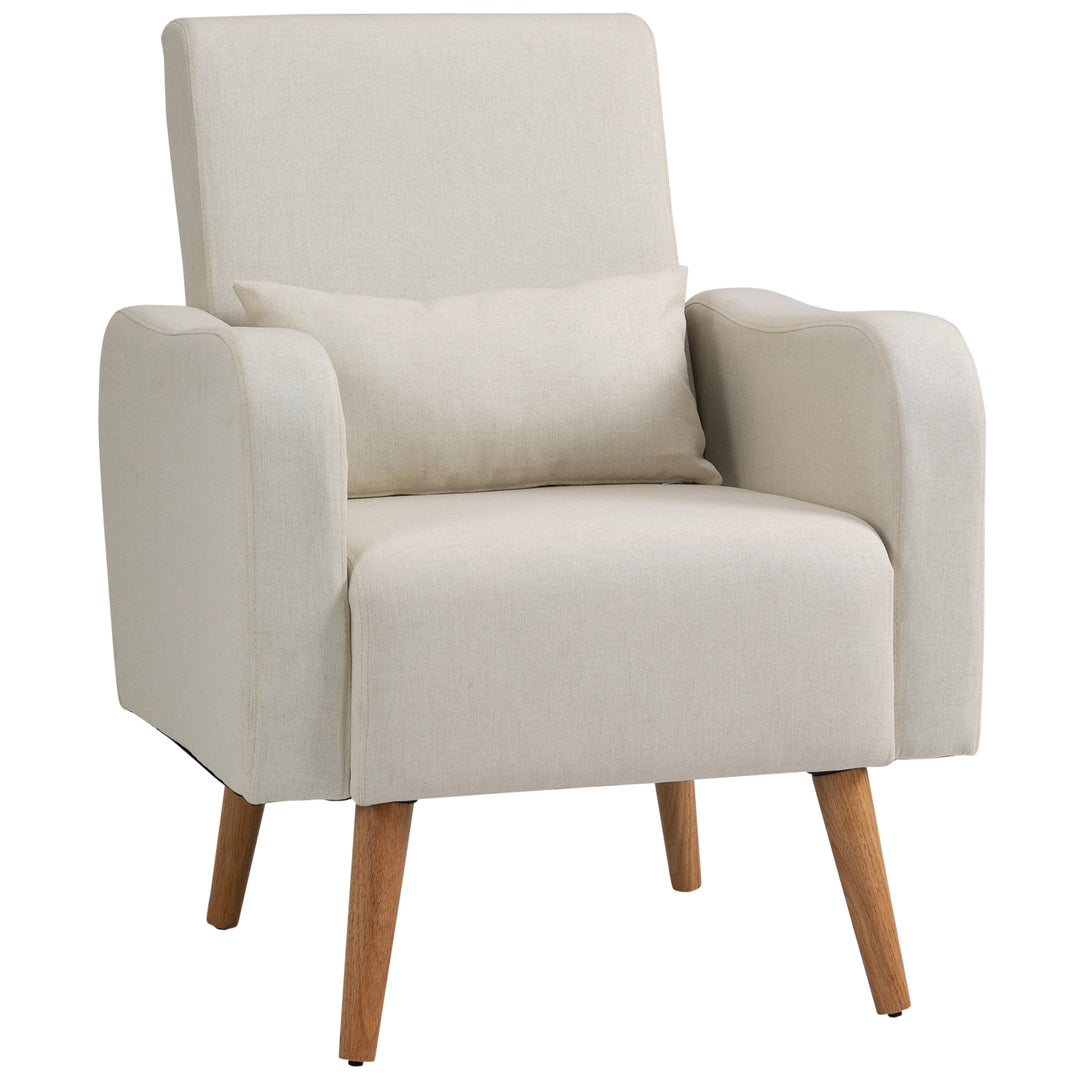 Accent Chair, Linen-Touch Armchair with Pillow, Upholstered Leisure Lounge Sofa for Living Room, Club Chair with Rubber Wooden Frame, Cream