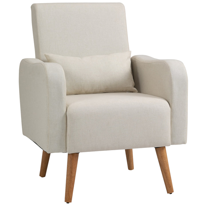 Accent Chair, Linen-Touch Armchair with Pillow, Upholstered Leisure Lounge Sofa for Living Room, Club Chair with Rubber Wooden Frame, Cream