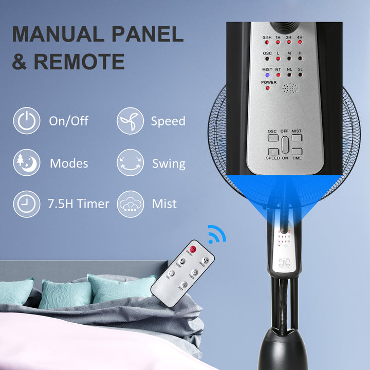 18" Pedestal Fan with Water Mist Spray, Humidifying Misting Fan, Standing Fan with 3 Speeds, 2.8L Water Tank, Timer and Remote, Black