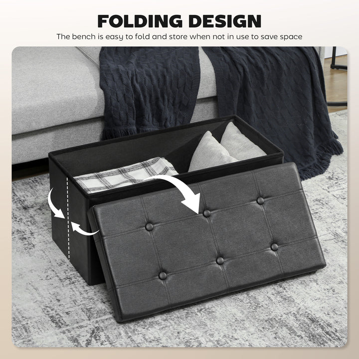 MCL Storage Ottoman Bench, 89L PU Leather Folding Foot Rest Stool, End of Bed Bench, Easy Assembly, for Living Room, Bedroom, Entryway, Black
