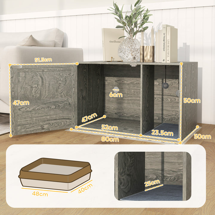 Cat Litter Box Enclosure with Rattan Door, Scratching Mat, Toy Ball, Non-Slip Foot Pads, Grey