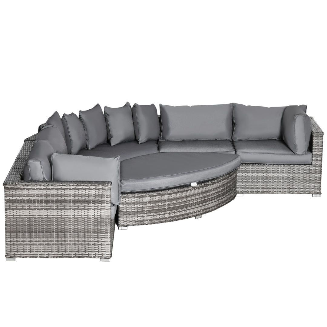 6 Pieces Outdoor PE Rattan Wicker Sofa Set with 10cm Thick Padded Cushionsand Half Round Patio Conversation Furniture Set with Angled Corner Designand Ottomansand and Back Pillows, Grey