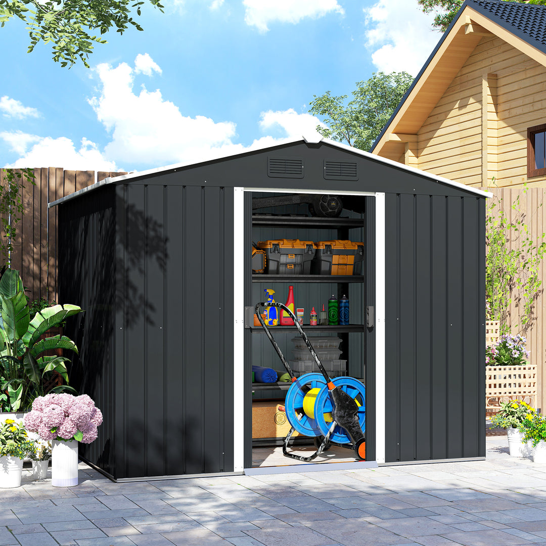 MCL 7.7 x 5.7ft Metal Garden Shed, Galvanised Outdoor Tool Storage House with Ventilation Slots and Sliding Doors, Grey