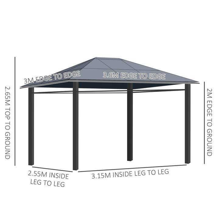 3 x 3.6m Hardtop Gazebo Canopy with Polycarbonate Roof, Permanent Pavilion Garden Gazebo with Curtains for Patio, Deck, Grey