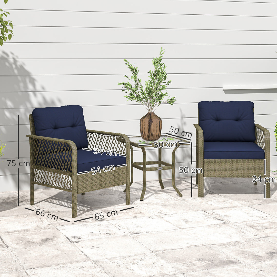 3 Pieces Rattan Bistro Set with Glass Top Coffee Table, Chairs and Cushions for Outdoor, Patio, Balcony, Charcoal Grey