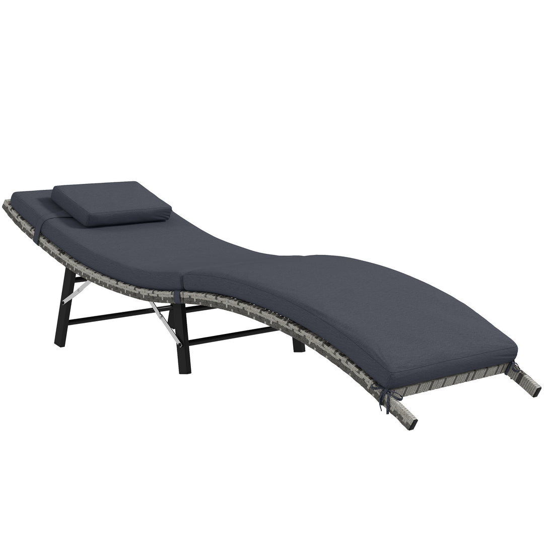 Rattan Folding Sun Lounger Outdoor Chair with Cushion and Pillow Grey