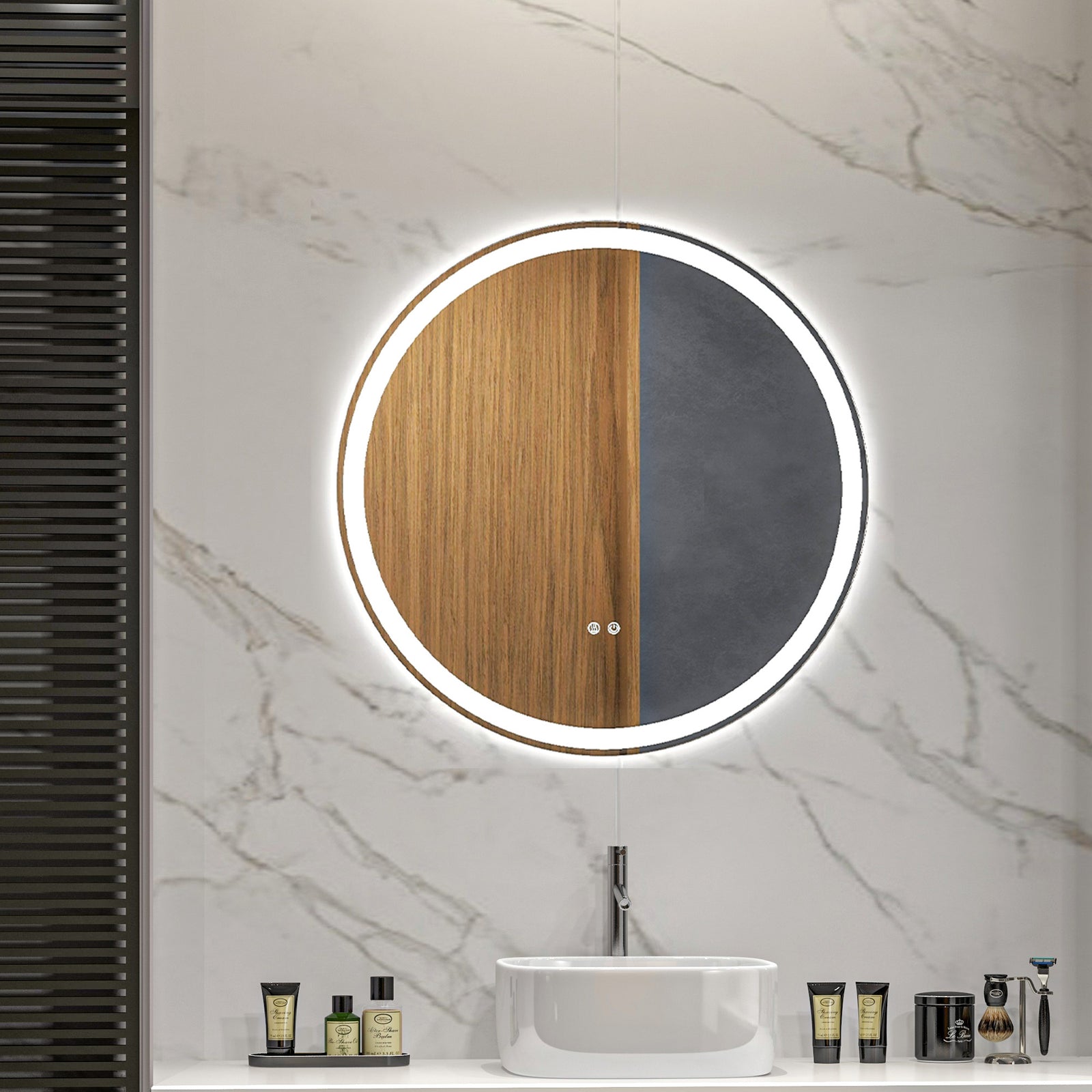 Round Bathroom Mirror with LED Lights, Wall Mount Dimmable Makeup Mirror with 3 Temperature Colours, Defogging Film and Memory Function, Frameless, Hardwired, 60 x 60 cm