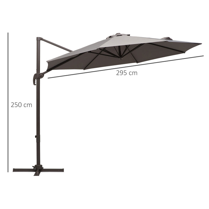 Outsunny 3M Roma Umbrella Sun Shade Cantilever Hanging Parasol w/ Cross Base Hand Crank Aluminium Frame 360°Rotation - Grey | Aosom UK