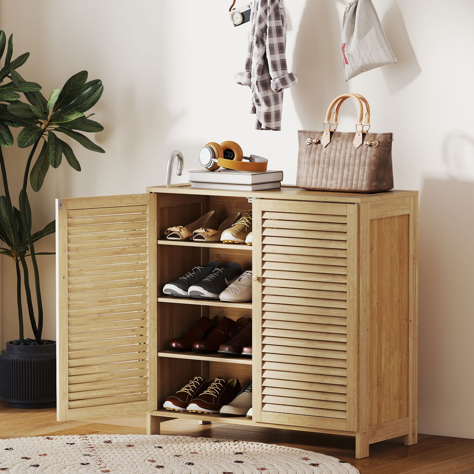 Bamboo Shoe Cabinet with Louvered Doors, 14 Pairs Shoe Storage Cabinet