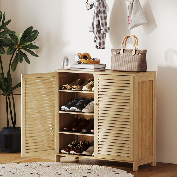 Bamboo Shoe Cabinet with Louvered Doors, 14 Pairs Shoe Storage Cabinet