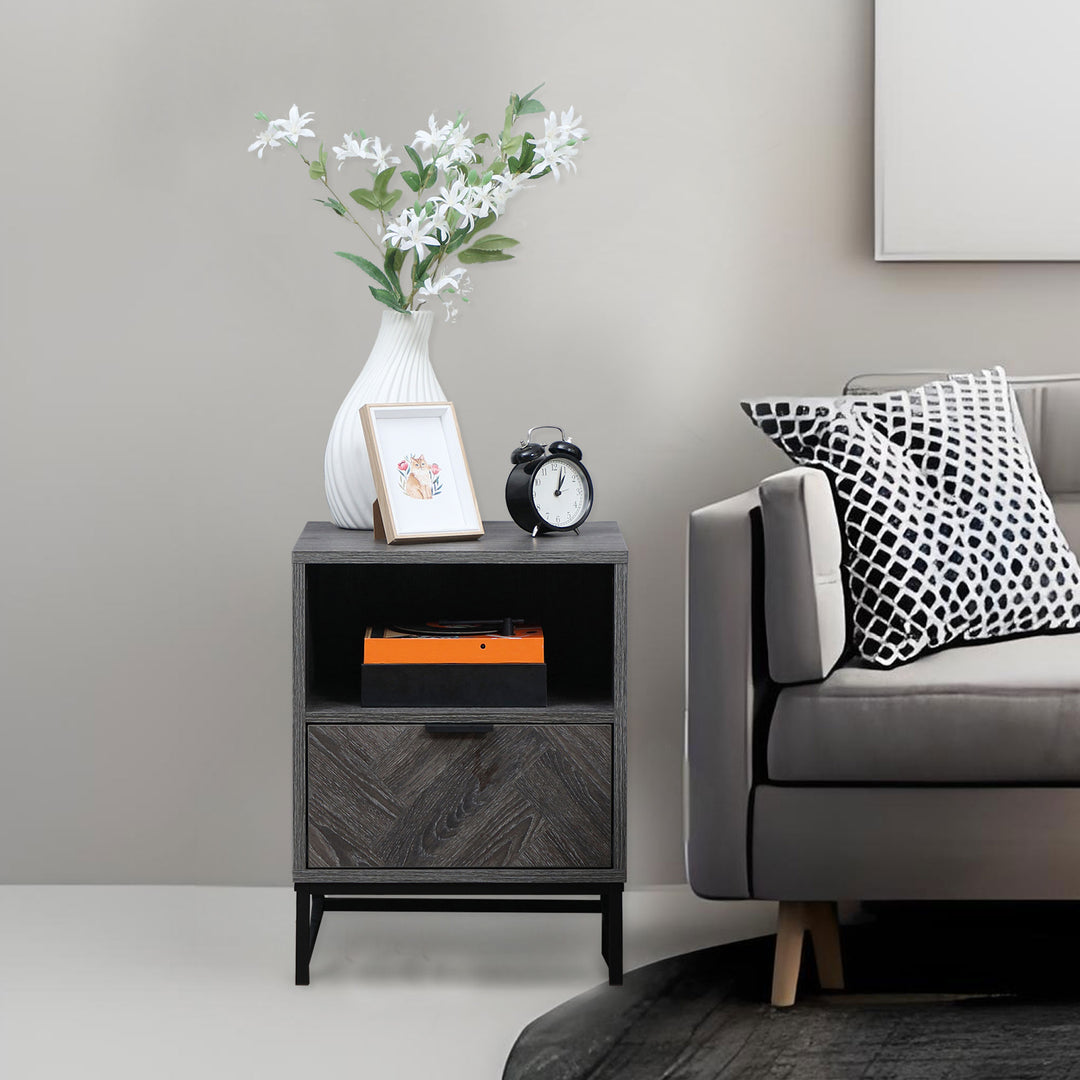 Bedside Table with Drawer and Shelf, Side End Table with Steel Legs for Living Room, Bedroom, Dark Grey