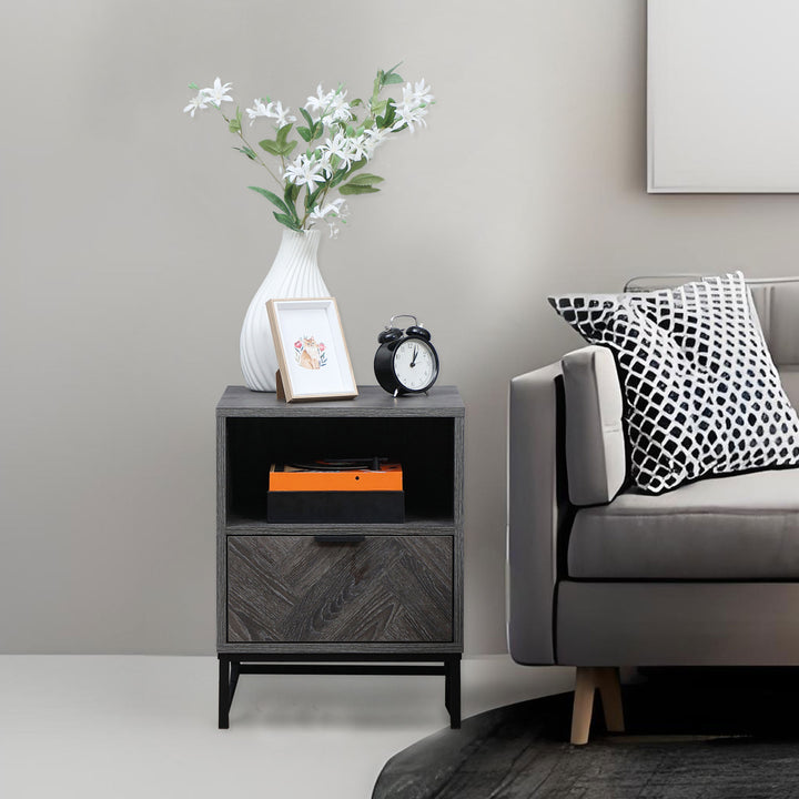 MCL Bedside Table with Drawer and Shelf, Side End Table with Steel Legs for Living Room, Bedroom, Dark Grey