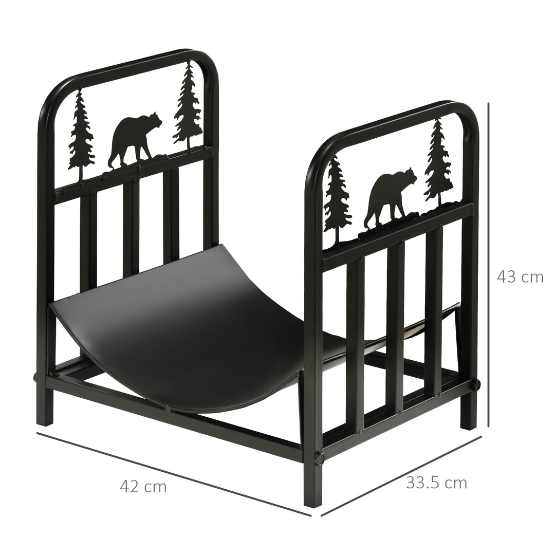 Metal Firewood Log Holder Indoor Outdoor Firewood Rack Inner Arced Fireplace Wood Storage Shelf w/ Bear Shape Design, Rust-Resistant, Black, 42W x 33.5D x 43H cm