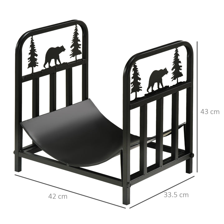 Metal Firewood Log Holder Indoor Outdoor Firewood Rack Inner Arced Fireplace Wood Storage Shelf w/ Bear Shape Design, Rust-Resistant, Black, 42W x 33.5D x 43H cm