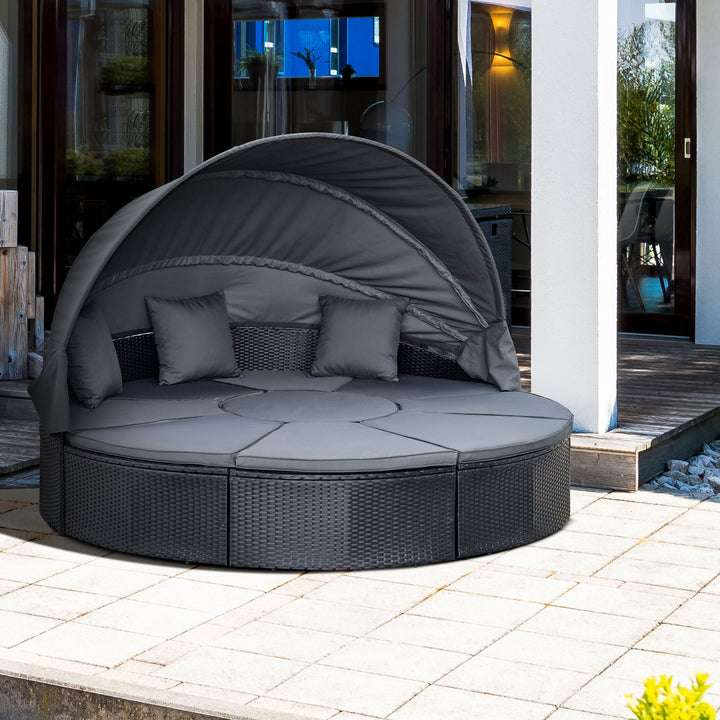 Outsunny 4 Pieces PE Rattan Garden Daybed Set, Outdoor Wicker Cushioned Round Sofa Bed Conversation Furniture with Coffee Table & Canopy, Black