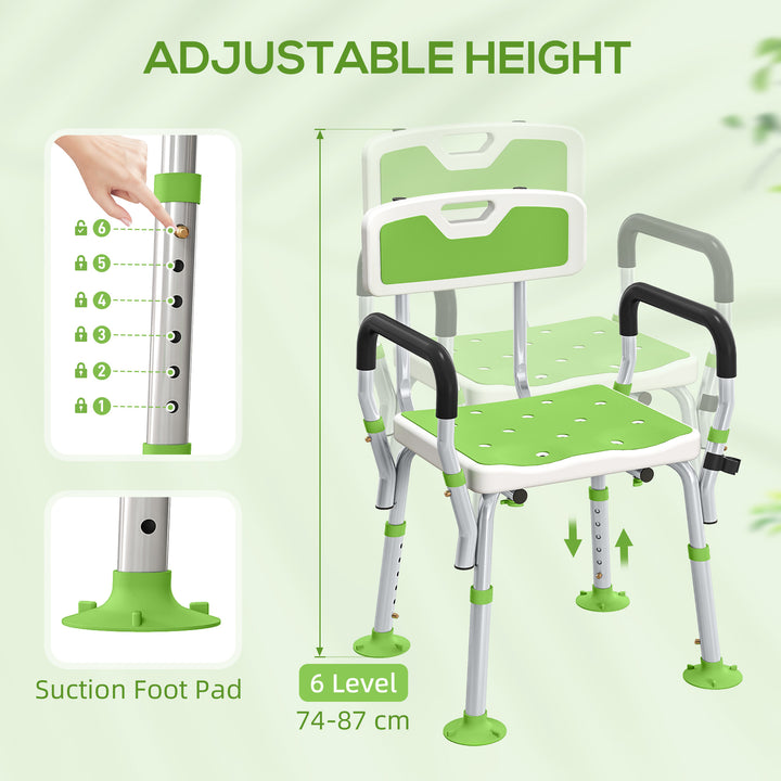 HOMCOM EVA Padded Shower Chair for the Elderly and Disabled, Height Adjustable Shower Stool with Back and Arms, 4 Suction Foot Pads, Green