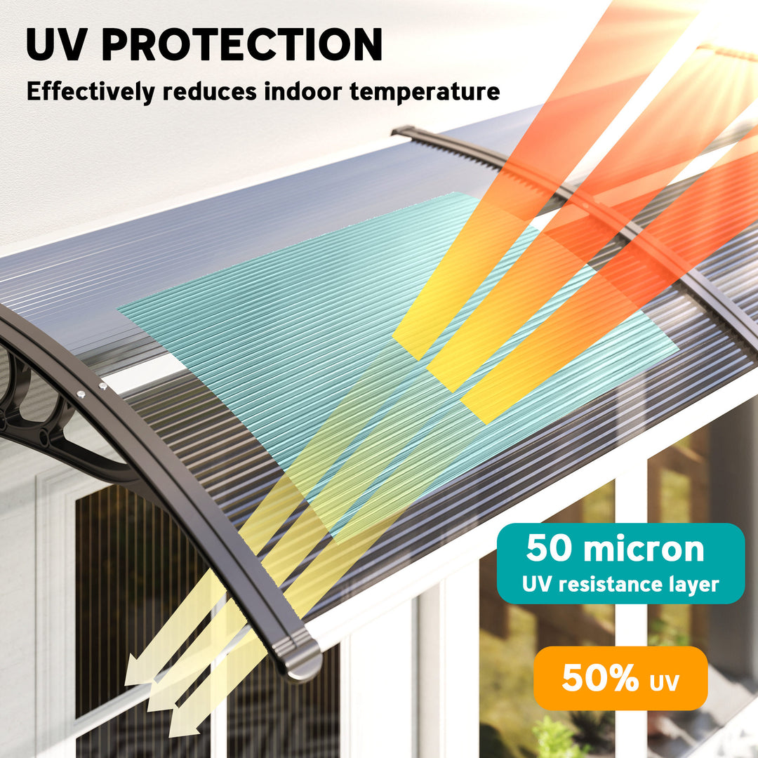 Front Door Canopy Outdoor Awning Aluminium Rigid Plastic Polycarbonate Rain Shelter UV Water Rain Resistant 196 x 75cm Black
