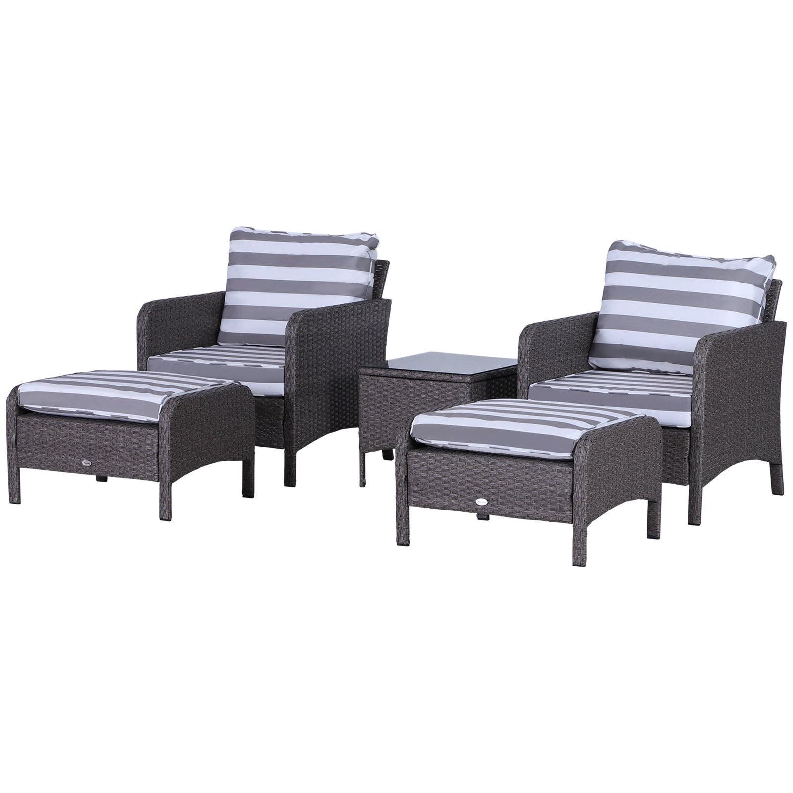 5 Pieces PE Rattan Garden Furniture Set with 10cm Thick Padded Cushions, Wicker Weave Outdoor Seating Chairs with 2 Armchairs, 2 Stools, Glass Top Table, Dark Grey