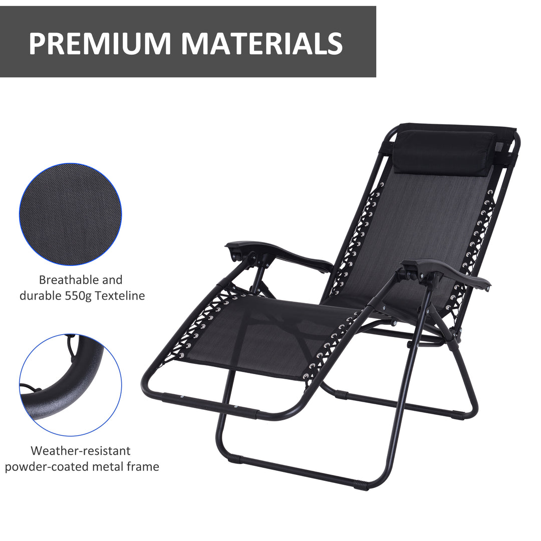 MCL Zero Gravity Chair Metal Frame Texteline Armchair Outdoor Folding and Reclining Sun Lounger with Head Pillow for Patio Decking Gardens Camping, Black