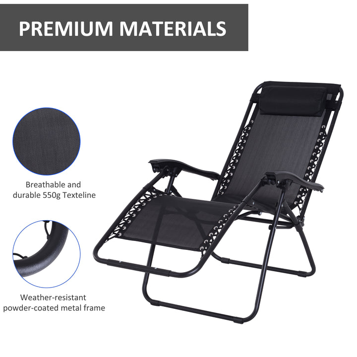 MCL Zero Gravity Chair Metal Frame Texteline Armchair Outdoor Folding and Reclining Sun Lounger with Head Pillow for Patio Decking Gardens Camping, Black