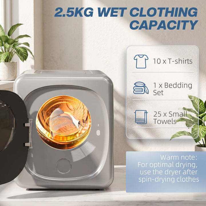2.5kg Vented Tumble Dryer with Smart Mode, 800W Compact Tumble Dryer w