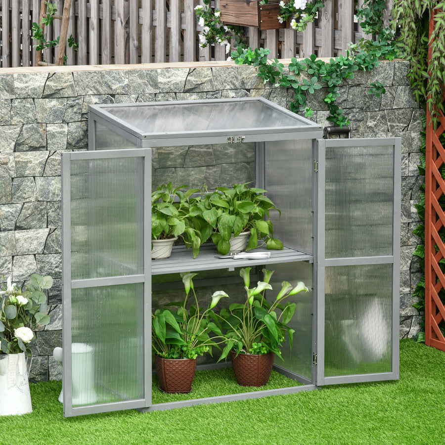 Wooden Cold Frame Greenhouse Polycarbonate Garden Grow House for Flower Vegetable Plants with Adjustable Shelf, Double Doors, 76 x 47 x 110cm, Light Grey