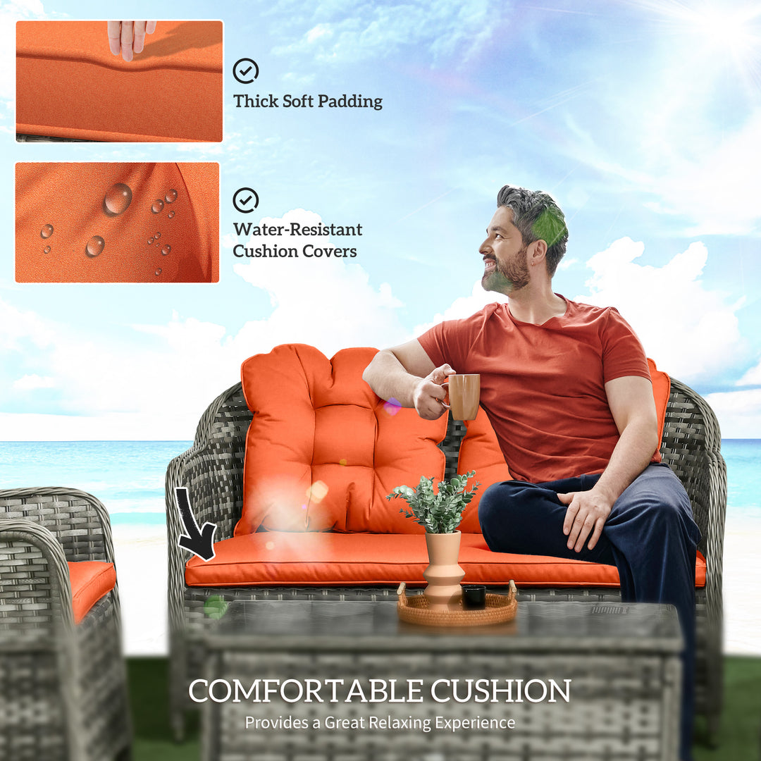 Four-Piece Rattan Sofa Set, with Glass-Top Table - Orange