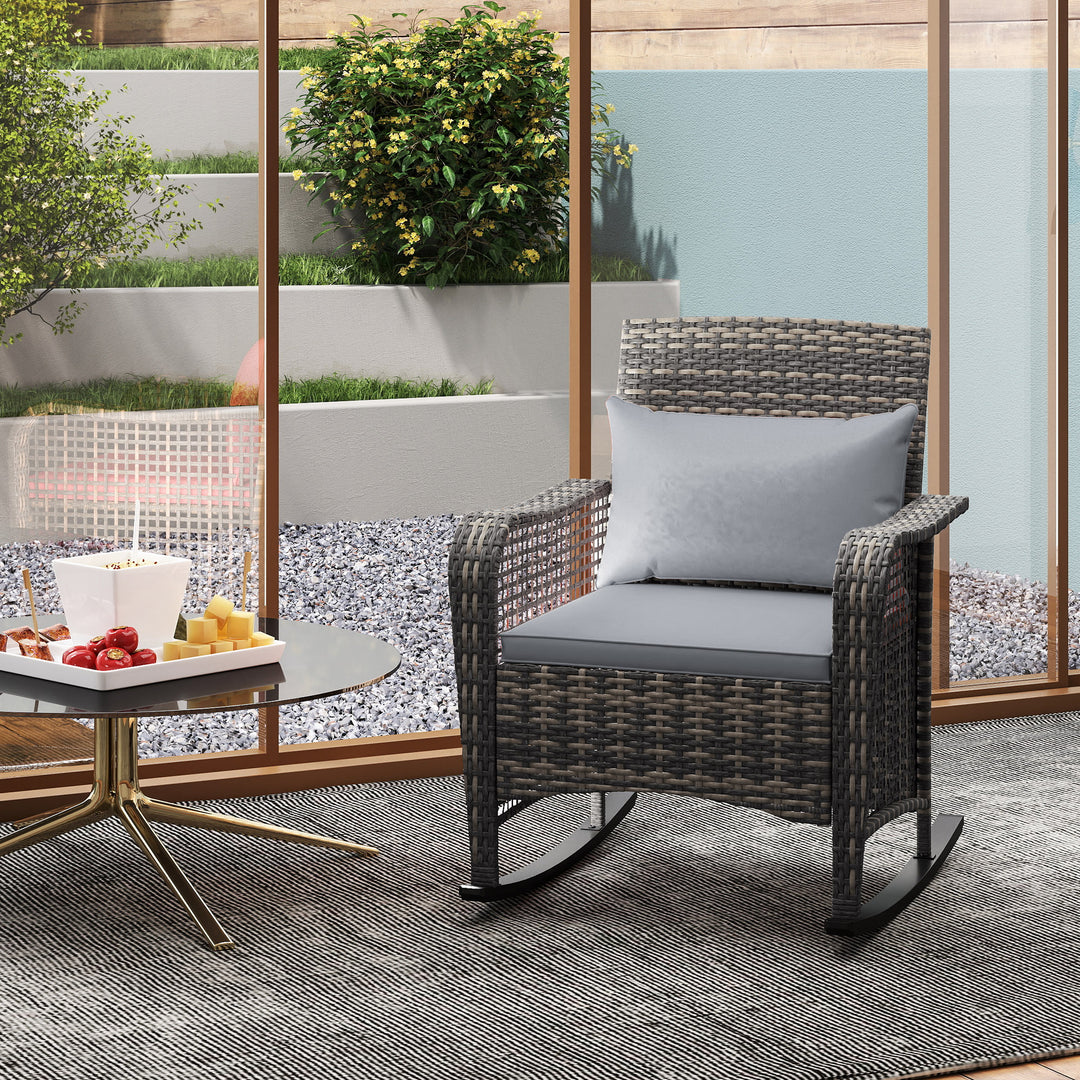 Garden Rocking Chair, Outdoor Rattan Rocker Lounge Chair with Seat and Back Cushions, Patio Armchair Seat with All-weather Wicker, Steel Frame for Porch Balcony, Light Grey