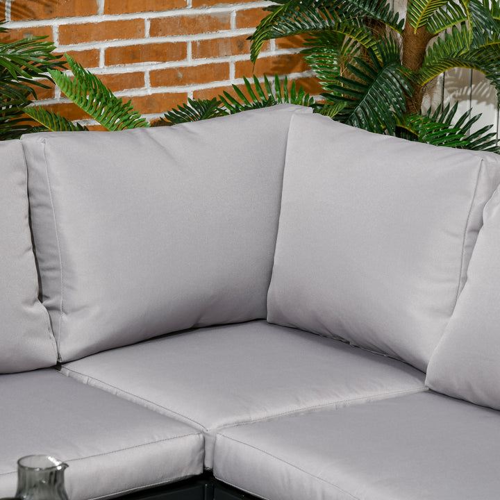 Outsunny 5 Seater Garden Corner Sofa Set, 4 Pieces Metal Garden Furniture Set with Loveseats, Glass Top Coffee Table, Breathable Mesh Pocket, Outdoor Conversation Furniture with Cushions, Light Grey