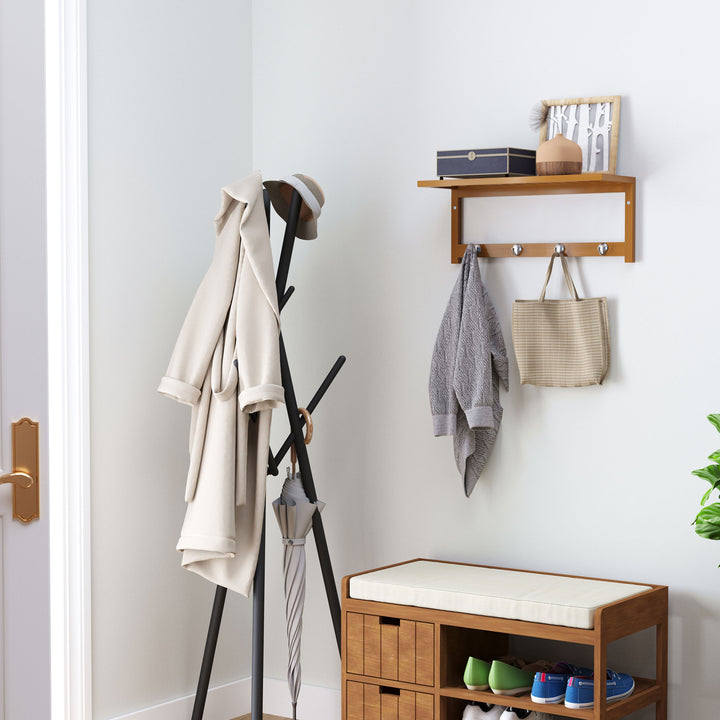 HOMCOM Wall-Mounted Coat Rack: 4 Hooks, Rail & Shelf for Hallway, Bedroom & Bathroom Storage | Aosom UK