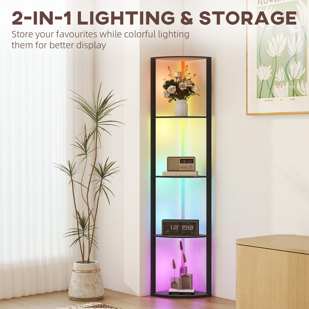 RGB LED Floor Lamp with Shelves, 5-Tier Dimmable Standing Lamp with Adjustable Brightness and Remote Control, Modern Corner Display Shelf Unit for Living Room Bedroom Office, Black