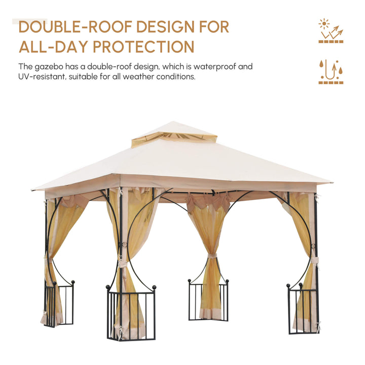 3 x 3(m) Garden Gazebo Patio Party Tent Shelter Outdoor Canopy Double Tier Sun Shade Metal Frame Netting, Beige