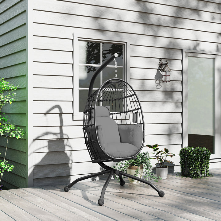 Hanging Egg Chair Outdoor Indoor Garden Swing Chair with Folding Basket and Thickened Cushion, Garden Hanging Chair with Stand, Headrest, Cup Holder for Patio, Balcony, Dark Grey
