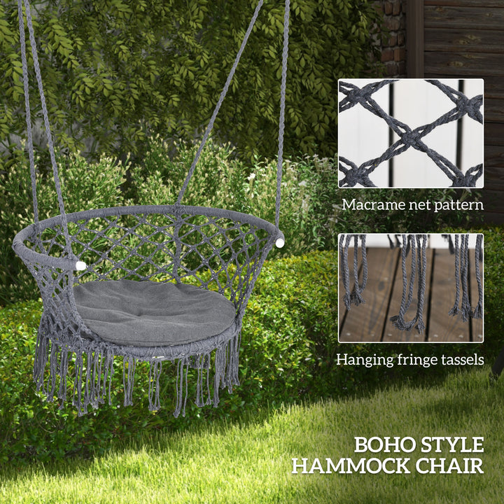 Outdoor Hanging Rope Chair with Cotton Rope, Cotton-Polyester Blend Macrame Garden Hammock Chair with Seat Cushion, Support Backrest, for Patio, Garden, Porch, Dark Grey
