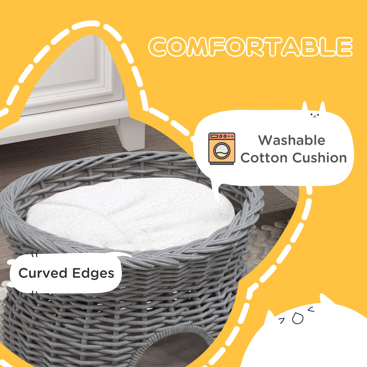 2-Tier Wicker Cat House Elevated Pet Bed Basket Willow Kitten Tower Pet Den. with Washable Cushions 56x37x40cm Grey