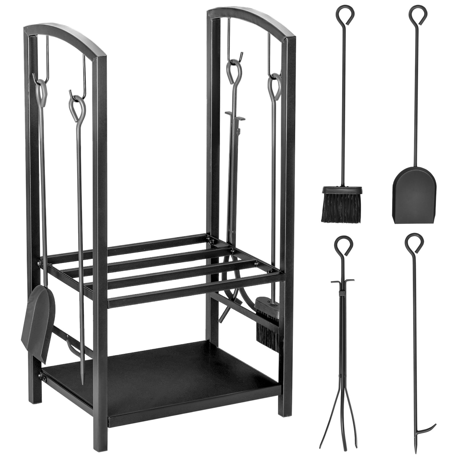 Metal Firewood Log Holder 2 Layer Firewood Rack Indoor Outdoor Fireplace Wood Storage Shelf with 4 Tools and Hooks, Black, 40L x 30W x 74.5H cm