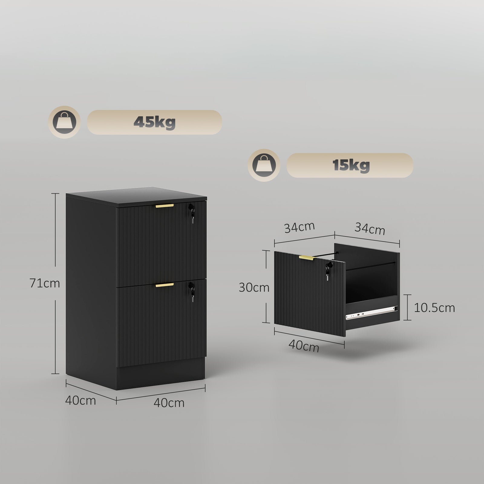 Filing Cabinet, Fluted Vertical File Cabinet with 2 Lockable Drawers a