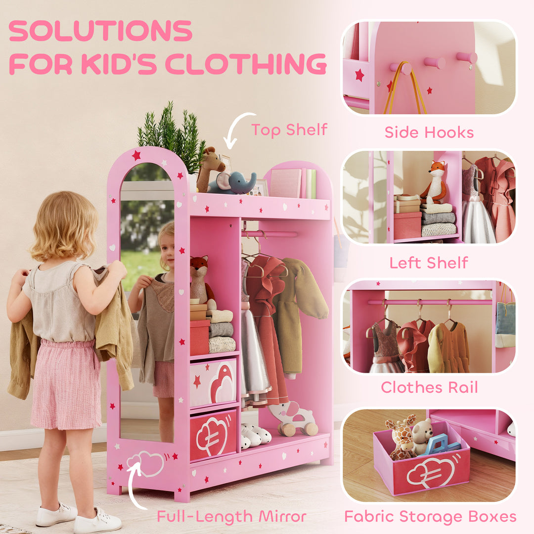 Kids Clothes Rail, Kids Wardrobe with Mirror, Shelves, Fabric Storage and Hooks for Bedroom, Nursery