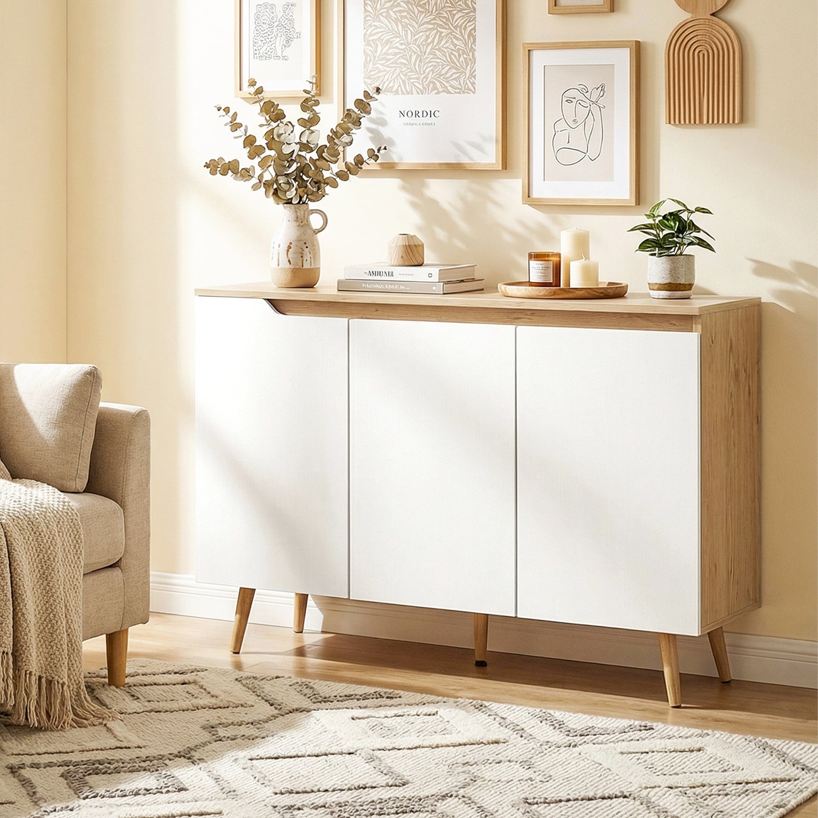Sideboard Storage Cabinet, Kitchen Cupboard with 3 Doors, 2 Adjustable